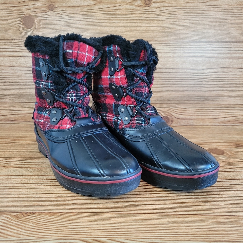 Bass Red Plaid Winter Boots Size 8M - Picture 1 of 8